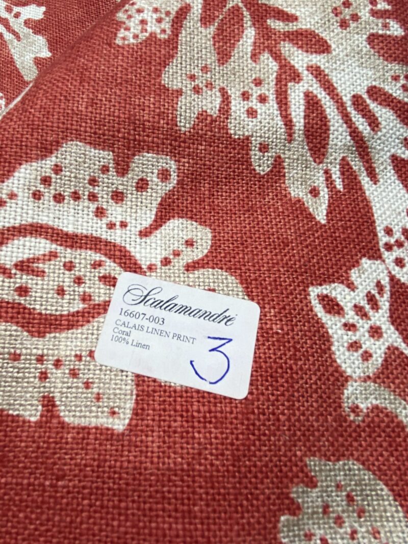 IMG_3562 70 Berkbox77 Square Printed Fabric by Scalamandre Calais Linen Print Coral Red White Floral MSRP 300+/y