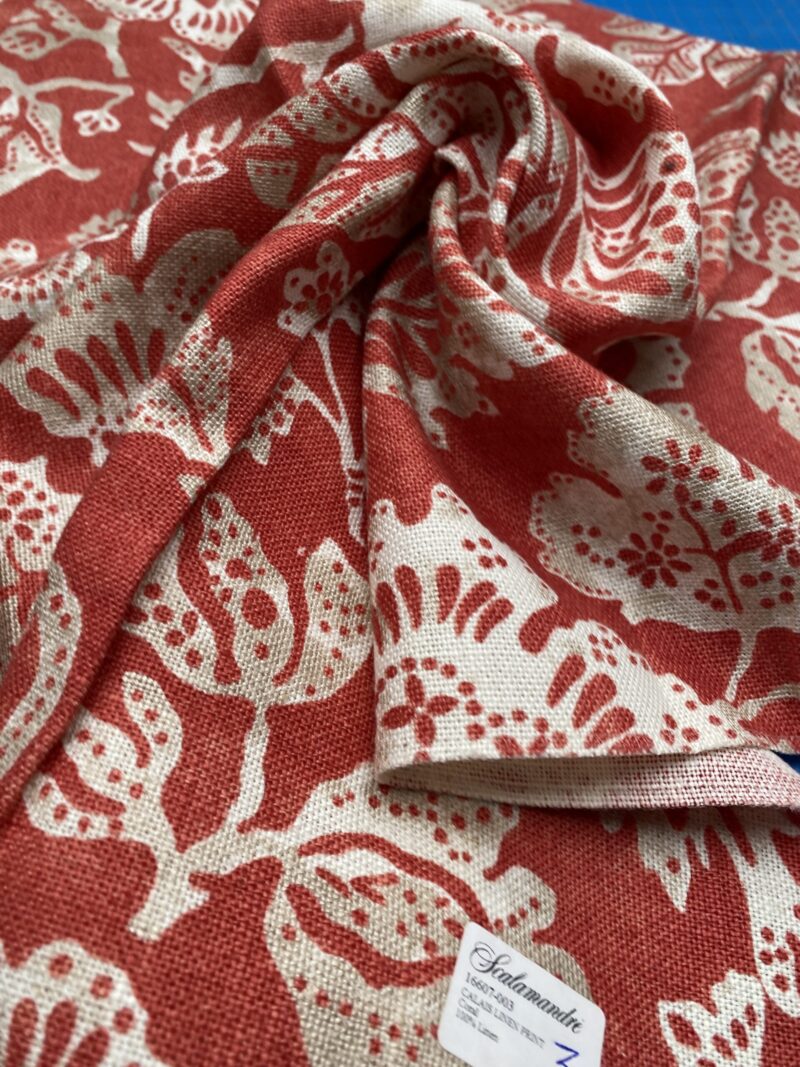 IMG_3564 70 Berkbox77 Square Printed Fabric by Scalamandre Calais Linen Print Coral Red White Floral MSRP 300+/y