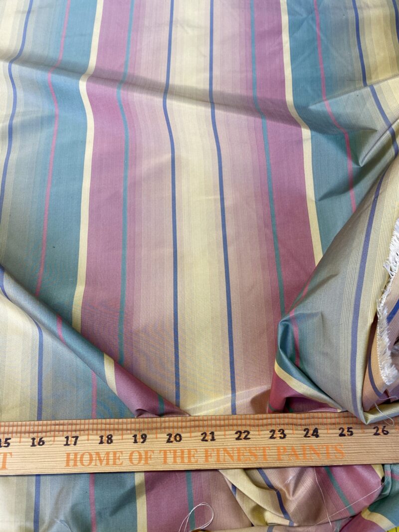IMG_5386 Scalamandre Candice Stripe Multi100% Silk taffeta Strie Rainbow of Pink Red Green Gold Blue Purple Candy Color  MSRP 180/y