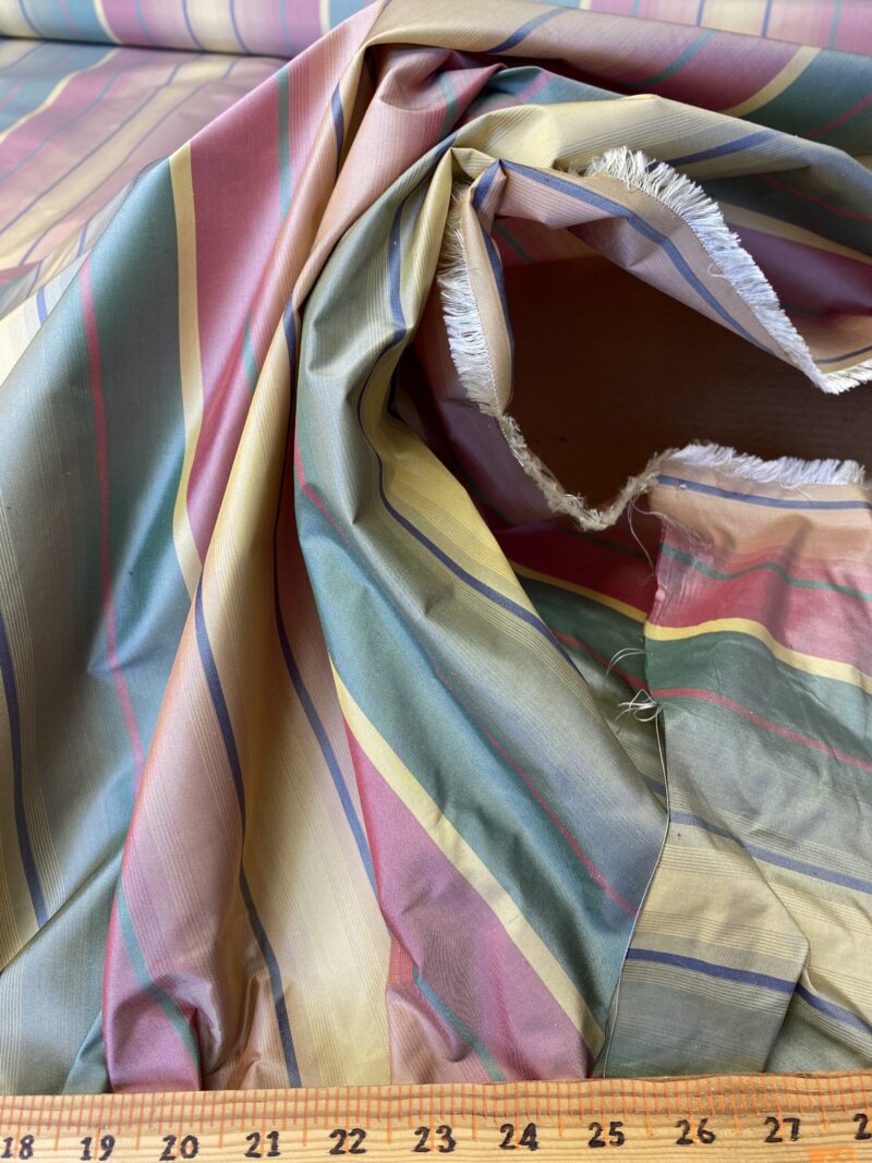 IMG_5387 Scalamandre Candice Stripe Multi100% Silk taffeta Strie Rainbow of Pink Red Green Gold Blue Purple Candy Color  MSRP 180/y