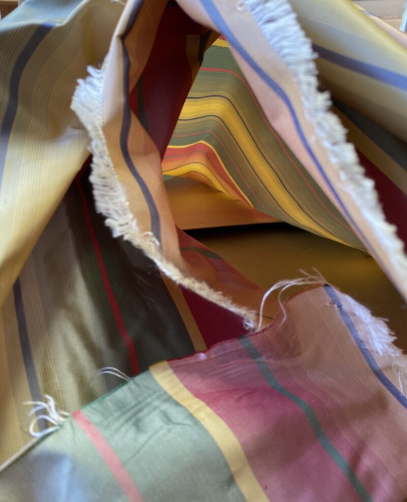 IMG_5391 Scalamandre Candice Stripe Multi100% Silk taffeta Strie Rainbow of Pink Red Green Gold Blue Purple Candy Color  MSRP 180/y