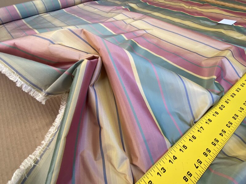 IMG_5393 Scalamandre Candice Stripe Multi100% Silk taffeta Strie Rainbow of Pink Red Green Gold Blue Purple Candy Color  MSRP 180/y