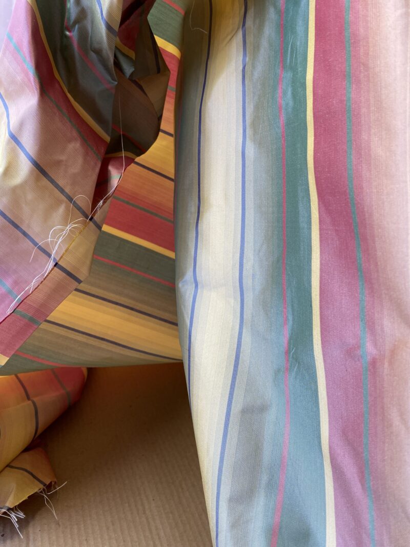IMG_5396 Scalamandre Candice Stripe Multi100% Silk taffeta Strie Rainbow of Pink Red Green Gold Blue Purple Candy Color  MSRP 180/y