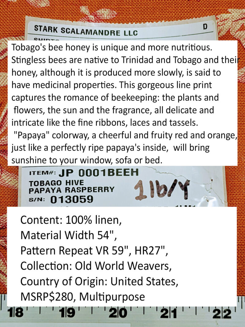 PXL_20240126_0015499542 Scalamandre Tobago Hive Papaya Raspberry Pink Linen Print Tropical Apiculture Beekeeping Tropical Flowers Ribbon Tassel MSRP 280/y