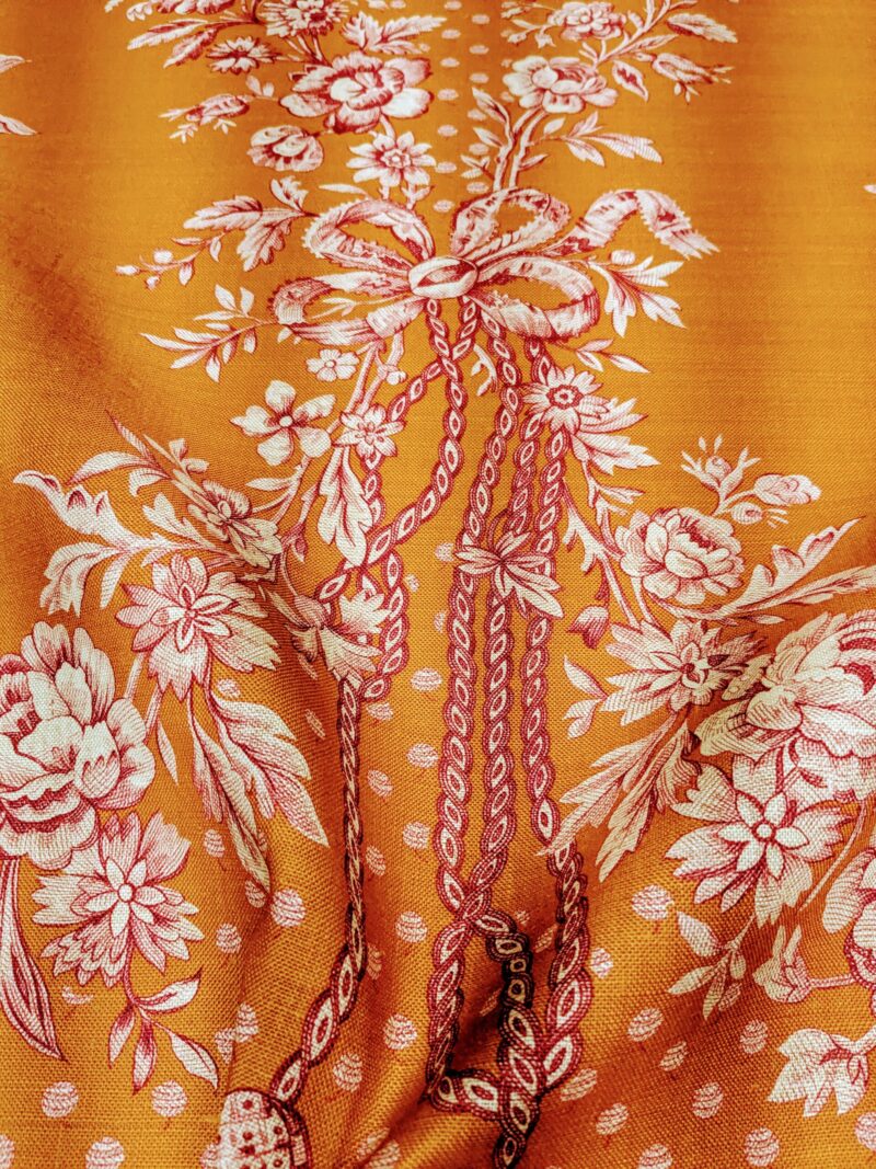 PXL_20240126_001831946~2 Scalamandre Tobago Hive Papaya Raspberry Pink Linen Print Tropical Apiculture Beekeeping Tropical Flowers Ribbon Tassel MSRP 280/y