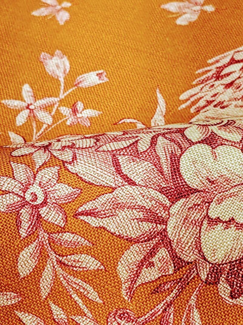 PXL_20240126_001839788~2 Scalamandre Tobago Hive Papaya Raspberry Pink Linen Print Tropical Apiculture Beekeeping Tropical Flowers Ribbon Tassel MSRP 280/y