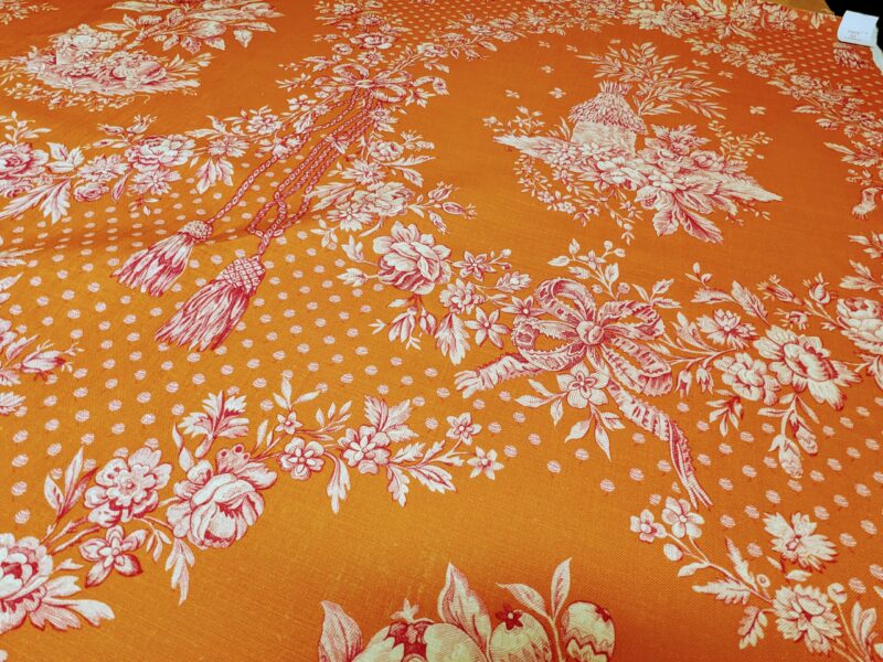 PXL_20240126_002015532~2 Scalamandre Tobago Hive Papaya Raspberry Pink Linen Print Tropical Apiculture Beekeeping Tropical Flowers Ribbon Tassel MSRP 280/y