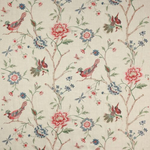 F4703-01_p Colefax and Fowler Olivia Red Green Embroidery Red Bird Flower Tree Foliage on White MSRP USD400/y