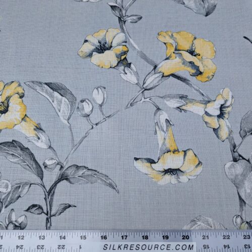 IMG_213 Scalamandre Merrimon in Grey Yellow Print Silky Linen Fragrant Summer lilac trumpet flower or jimsonweed MSRP USD 346/y