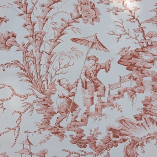 IMG_335 Scalamandre  Pillement in Coral Chinoiserie Toile Print Cotton Pink Red White Landscape Pagoda Jean-Baptiste Pillement MSRP USD 300+/y