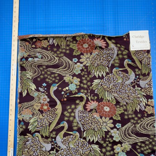 IMG_6024 Square Jacquard by Claridge Textile  Crane Tapestry Upholstery Fabric in Plum Brown Green Birds Floral MSRP 300+/y
