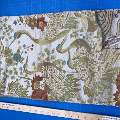 IMG_6028 Square Jacquard by Claridge Textile  Crane Tapestry Upholstery Fabric in White Green Red Birds Floral MSRP 300+/y