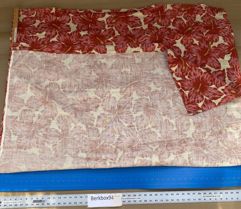 IMG_6753 1 BerkBox94 Raoul Textile Line Hand Print Made in US Flower Pattern 1.6Y Botanical Floral White Red Hibiscus  1.8yd MSRP 0+/y