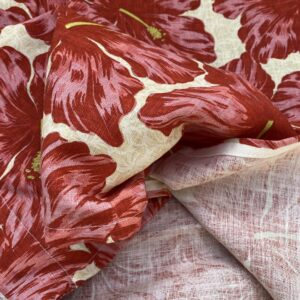 IMG_6754 1 BerkBox94 Raoul Textile Line Hand Print Made in US Flower Pattern 1.6Y Botanical Floral White Red Hibiscus  1.8yd MSRP 0+/y