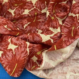 IMG_6757 1 BerkBox94 Raoul Textile Line Hand Print Made in US Flower Pattern 1.6Y Botanical Floral White Red Hibiscus  1.8yd MSRP 0+/y