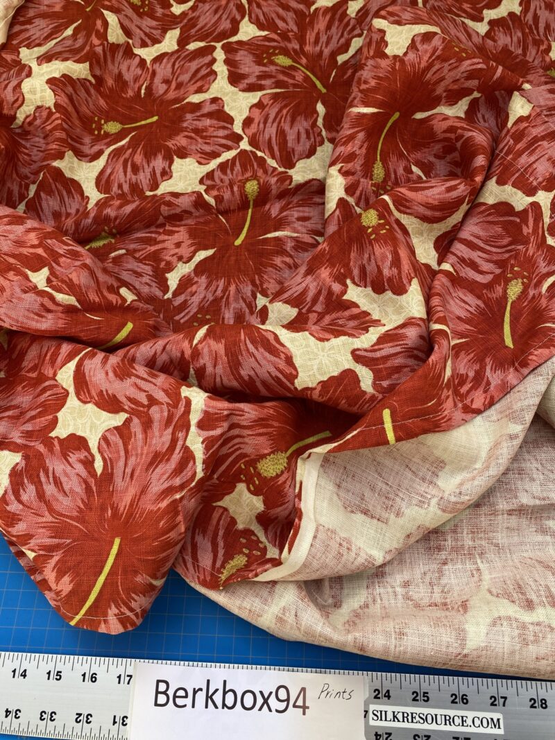 IMG_6757 1 BerkBox94 Raoul Textile Line Hand Print Made in US Flower Pattern 1.6Y Botanical Floral White Red Hibiscus  1.8yd MSRP 0+/y