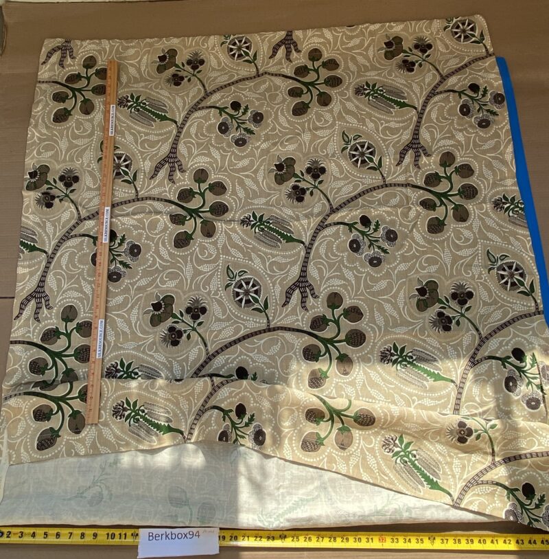 IMG_6838 14 BerkBox94 Raoul Textile Line Hand Print Made in US 1.8Y Indira Pomegranate Strawberry Tree Foliage Beige Brown White MSRP 0+/y