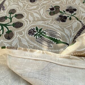 IMG_6839 14 BerkBox94 Raoul Textile Line Hand Print Made in US 1.8Y Indira Pomegranate Strawberry Tree Foliage Beige Brown White MSRP 0+/y