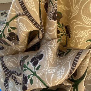 IMG_6840 14 BerkBox94 Raoul Textile Line Hand Print Made in US 1.8Y Indira Pomegranate Strawberry Tree Foliage Beige Brown White MSRP 0+/y