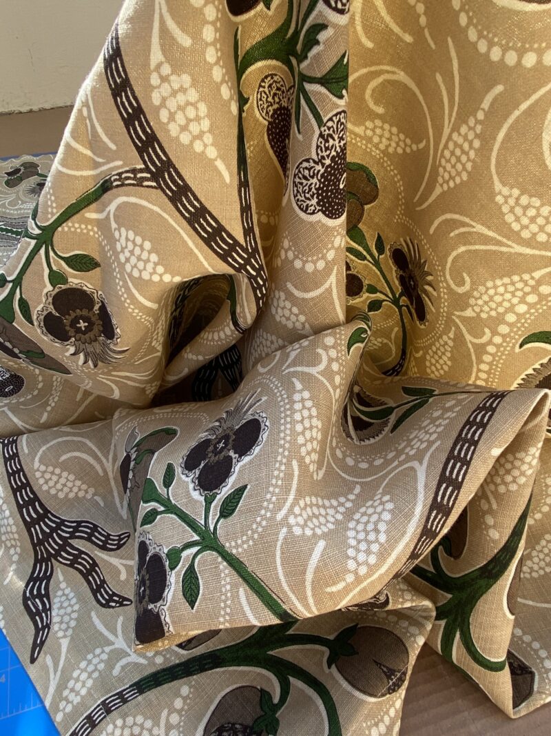 IMG_6840 14 BerkBox94 Raoul Textile Line Hand Print Made in US 1.8Y Indira Pomegranate Strawberry Tree Foliage Beige Brown White MSRP 0+/y