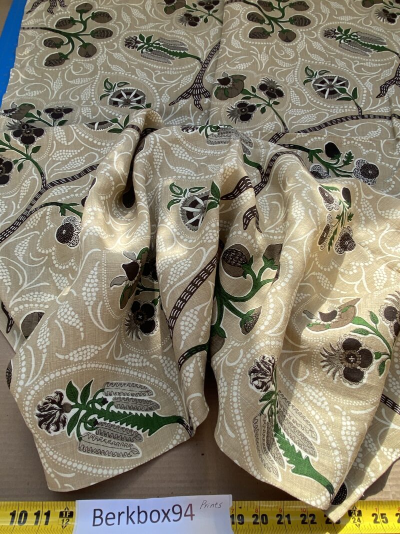 IMG_6841 14 BerkBox94 Raoul Textile Line Hand Print Made in US 1.8Y Indira Pomegranate Strawberry Tree Foliage Beige Brown White MSRP 0+/y