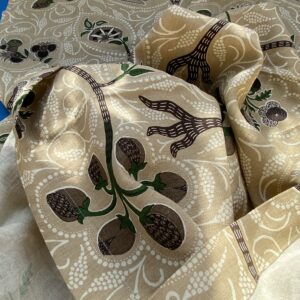 IMG_6843 14 BerkBox94 Raoul Textile Line Hand Print Made in US 1.8Y Indira Pomegranate Strawberry Tree Foliage Beige Brown White MSRP 0+/y