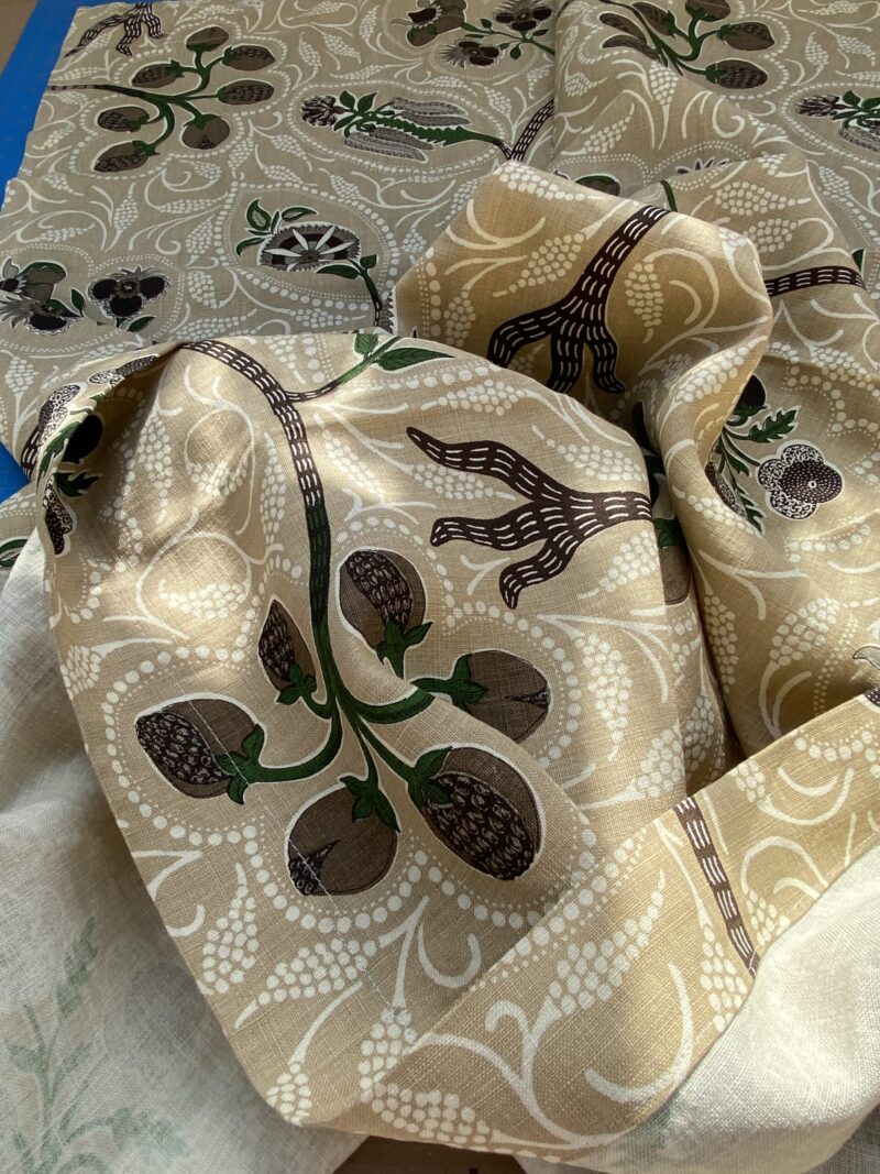 IMG_6843 14 BerkBox94 Raoul Textile Line Hand Print Made in US 1.8Y Indira Pomegranate Strawberry Tree Foliage Beige Brown White MSRP 0+/y