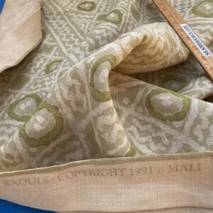 IMG_6870 18 BerkBox94 Raoul Textile Line Hand Print Made in US Mali Green White Art Deco Ikat Dots Diamond 1.6YD MSRP 0+/y