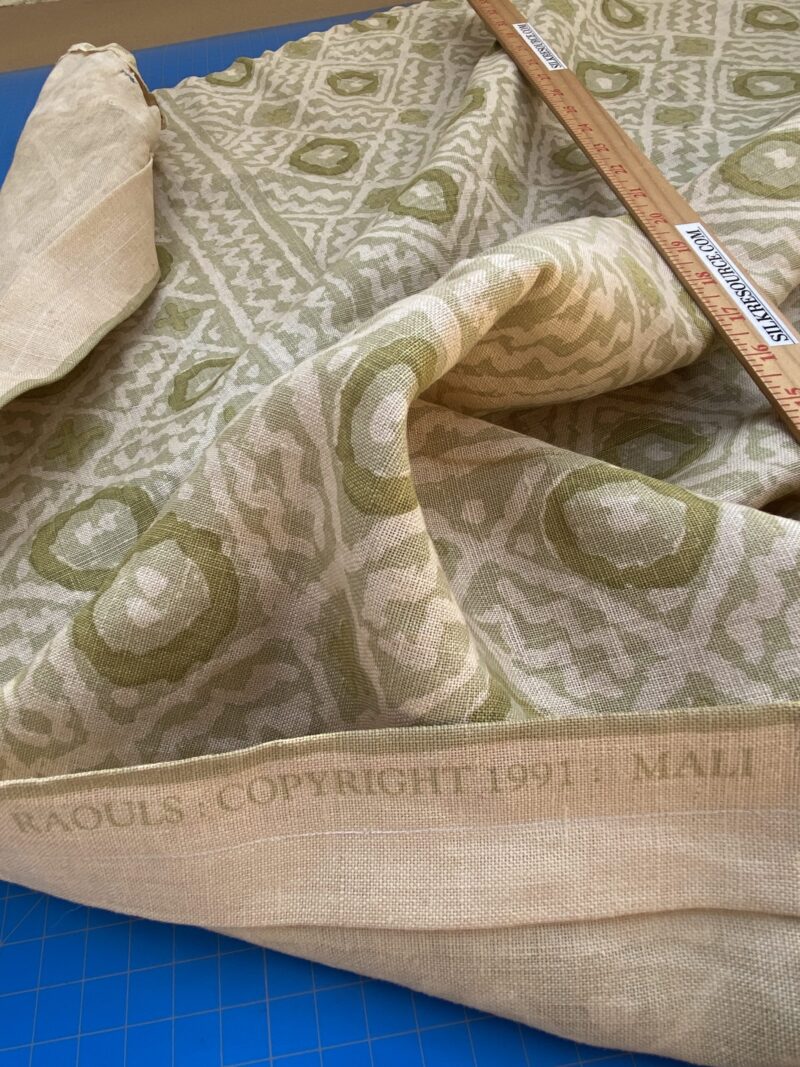 IMG_6870 18 BerkBox94 Raoul Textile Line Hand Print Made in US Mali Green White Art Deco Ikat Dots Diamond 1.6YD MSRP 0+/y