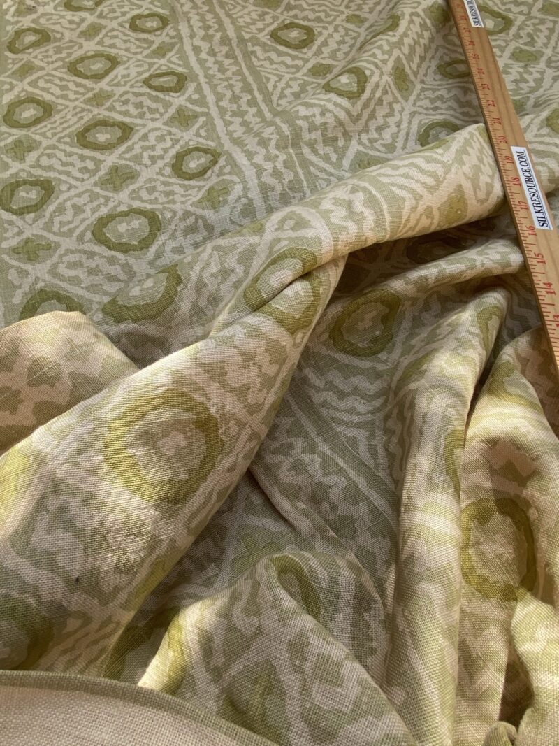 IMG_6871 18 BerkBox94 Raoul Textile Line Hand Print Made in US Mali Green White Art Deco Ikat Dots Diamond 1.6YD MSRP 0+/y