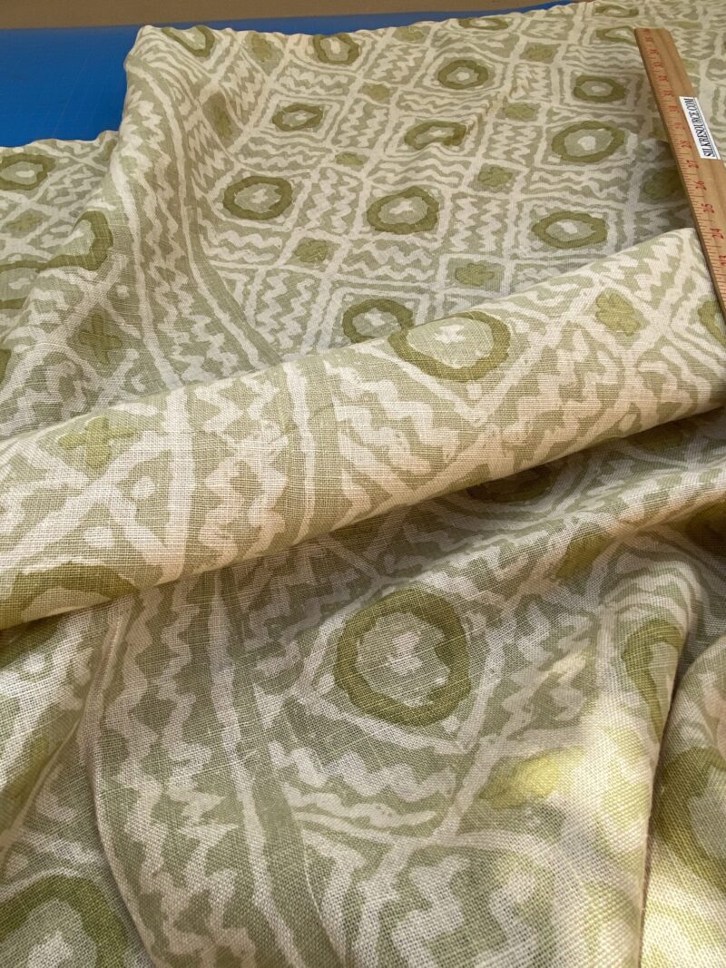 IMG_6872 18 BerkBox94 Raoul Textile Line Hand Print Made in US Mali Green White Art Deco Ikat Dots Diamond 1.6YD MSRP 0+/y