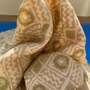 IMG_6873 18 BerkBox94 Raoul Textile Line Hand Print Made in US Mali Green White Art Deco Ikat Dots Diamond 1.6YD MSRP 0+/y