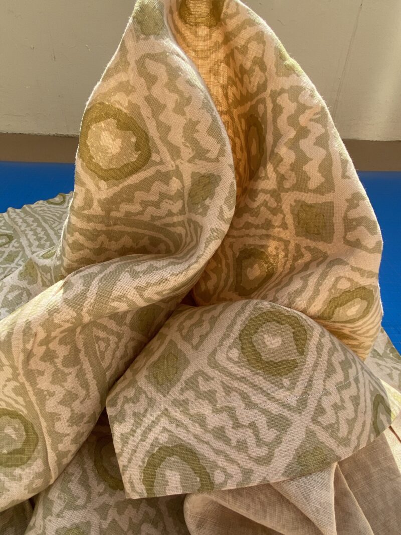 IMG_6873 18 BerkBox94 Raoul Textile Line Hand Print Made in US Mali Green White Art Deco Ikat Dots Diamond 1.6YD MSRP 0+/y