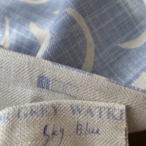 IMG_6982 16 BerkBox95 Printed Fabrics by Grey Watkins Pamlico Sky blue White Historic Botanical Foliage Linen MSRP USD656/y