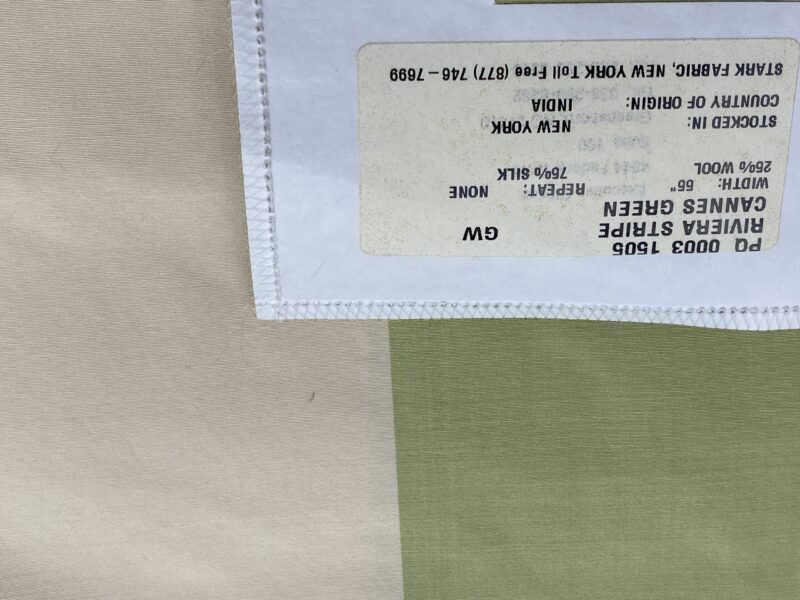IMG_7153 1 Berkbox97 Length 2.4yds Plains Textures by Scalamandre Riviera Stripe Cannes Green Beige / Natural Wool Silk MSRP USD364/yd