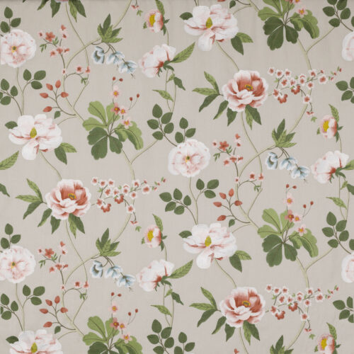 M4061-03_p Manuel Canovas Paris Talmont Corail Embroidery Pink Red Green White on Beige Botanical Foliage MSRP USD364/y