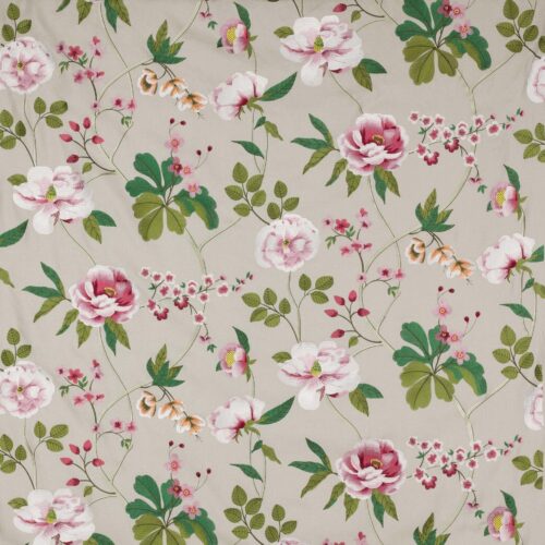 M4061-04_p Manuel Canovas Paris Talmont Rose Embroidery Pink Green White on Beige Botanical Foliage MSRP USD364/y