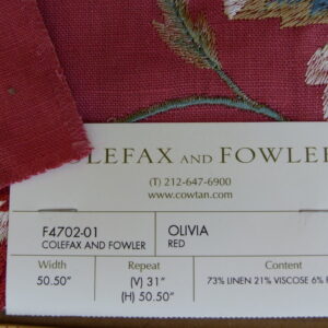 Colefax and Fowler Olivia Red Embroidery Red Bird Flower Tree Foliage MSRP USD400/y