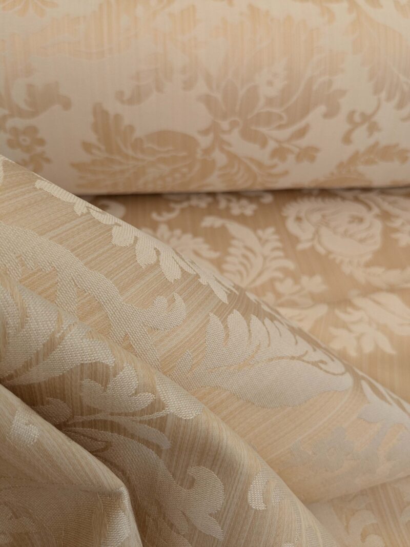 PXL_20250403_212047062 Clarence House Florent Damask Cotton Beige Pale Gold Italian Damask Pomegranate MSSP USD220/y