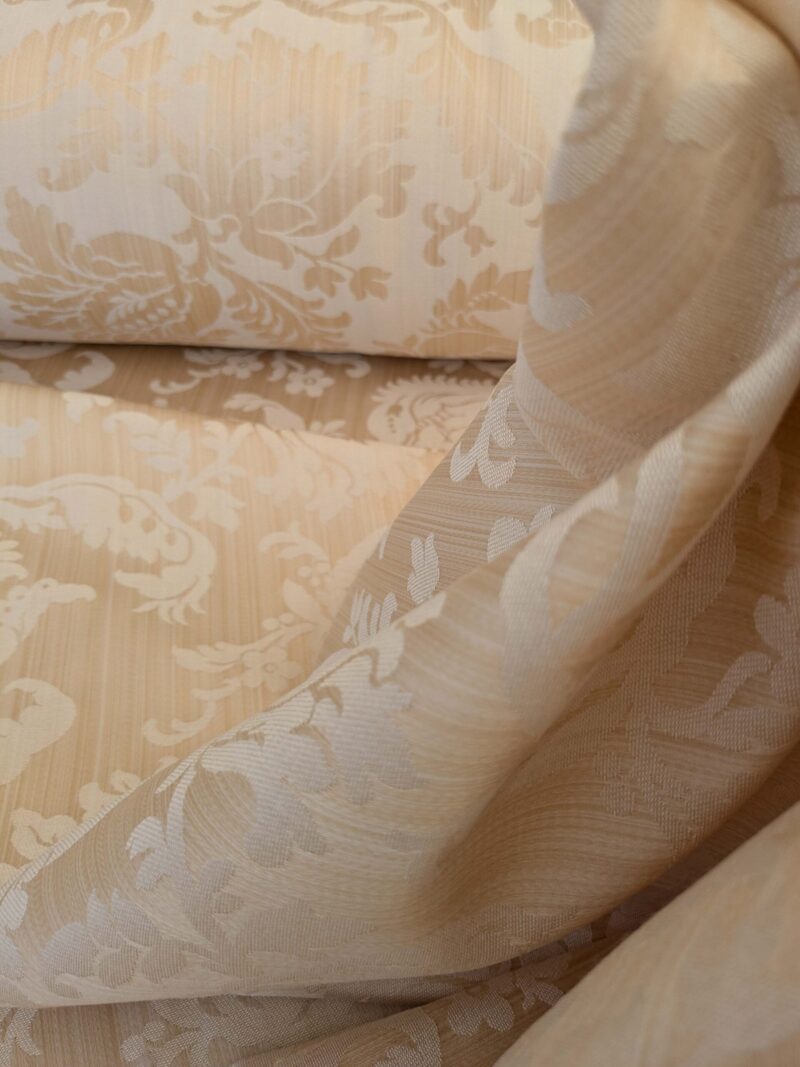 PXL_20250403_212059143 Clarence House Florent Damask Cotton Beige Pale Gold Italian Damask Pomegranate MSSP USD220/y
