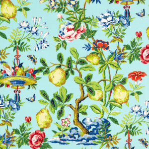 SC_000216583 Scalamandre  Shantung Garden Print Linen Shantung Garden Cotton Print Aquamarine