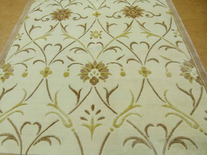 Stark Englewood Wheat 5x3' Gold Cream Silk Wool Hand-knotted Rug Modern Tulip Lotus Artichoke Crewel Flora MSRP USD 1500