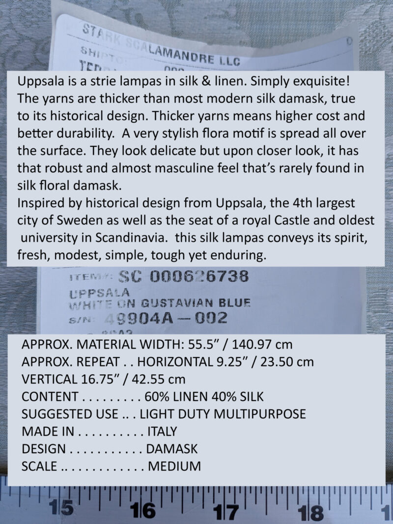 PXL_20240507_190109417 17x17" Sample Scalamandre Uppsala White On Gustavian Blue Green Silk Damask MSRP USD 588/y