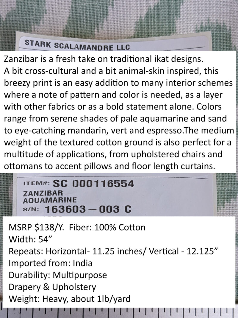 Scalamandre Zanzibar Ikat Aquamarine Green Aqua White Cotton Print Mid-Century MSRP USD 254.80/Y