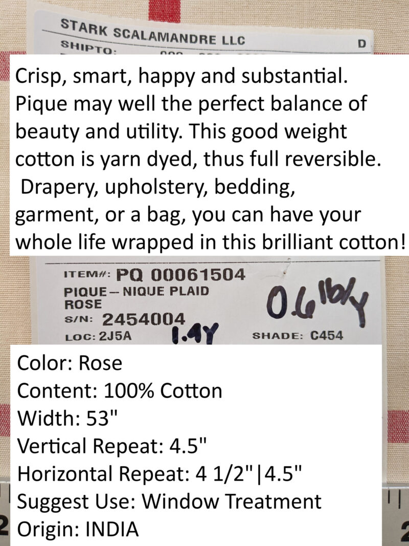 PXL_20240515_202220331 Scalamandre Pique-Nique Plaid Rose Plaid Check Red and Beige Cotton MSRP USD 200+/y