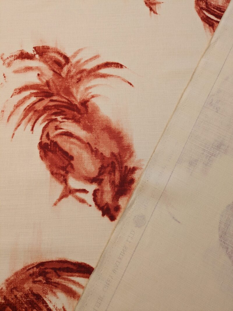 PXL_20240521_204035726 " Scalamandre Chanticleer Terracotta Rooster Chicken French Country Toile Red White MSRP USD 200+/Y