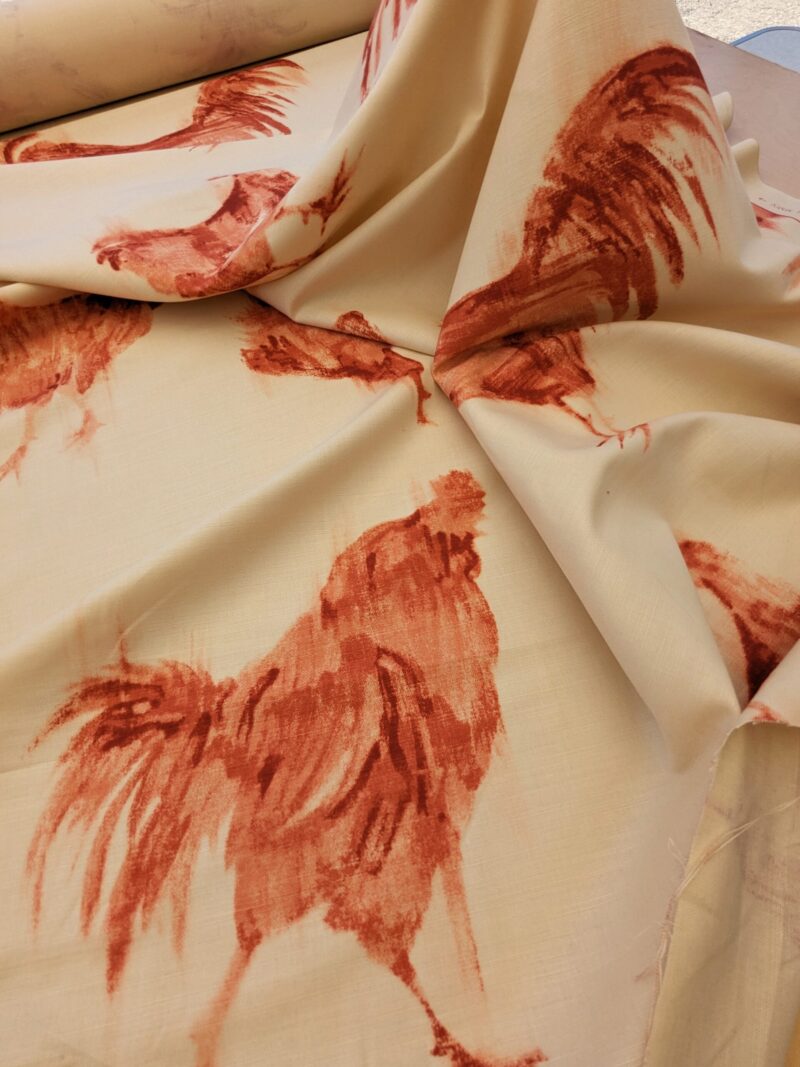 PXL_20240521_204128526 " Scalamandre Chanticleer Terracotta Rooster Chicken French Country Toile Red White MSRP USD 200+/Y