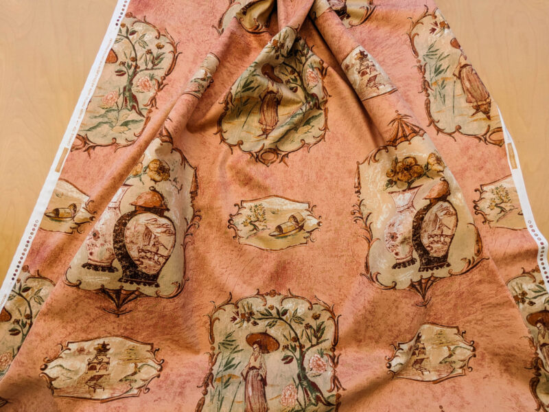 PXL_20240522_193902729 Scalamandre Cotteen Chinois Spice Pink Red Chinoiserie Birds Teahouse Toile Scenic MSRP USD 200+/y