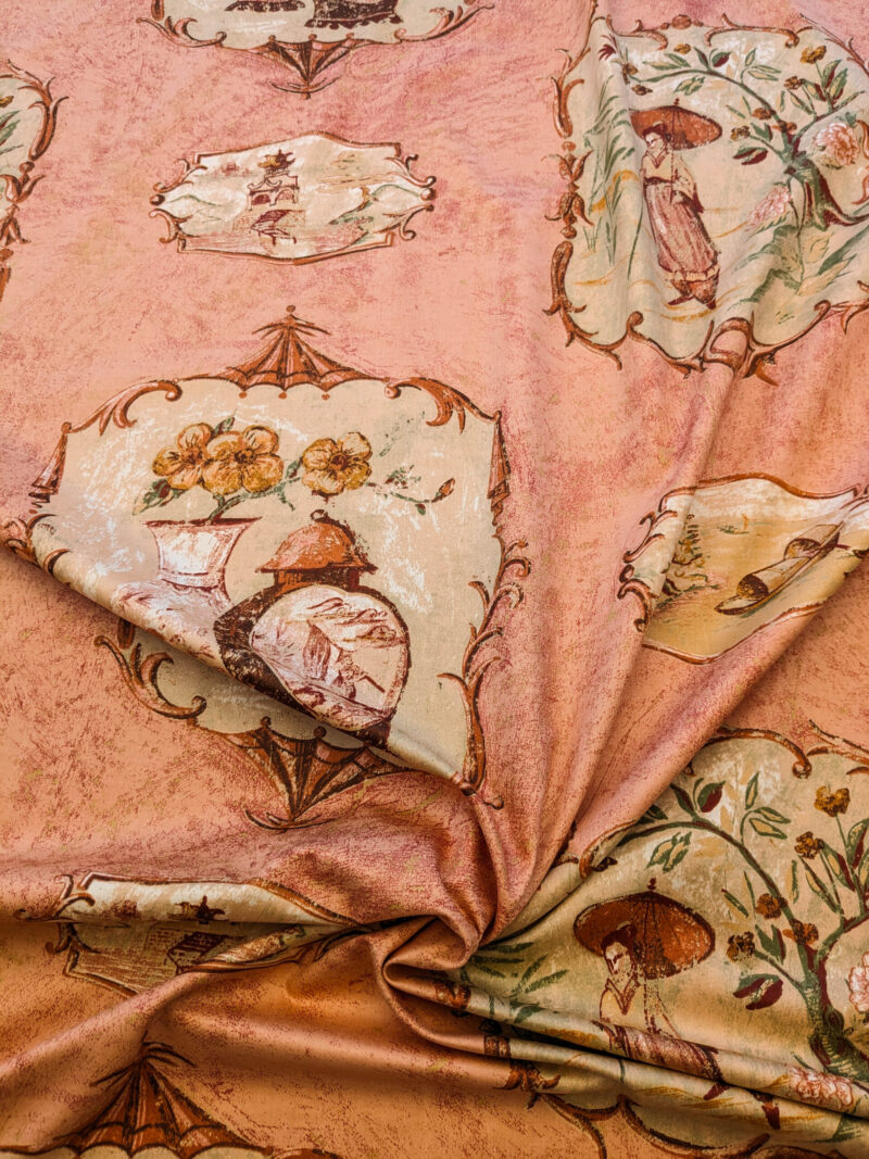 PXL_20240522_194004307 Scalamandre Cotteen Chinois Spice Pink Red Chinoiserie Birds Teahouse Toile Scenic MSRP USD 200+/y