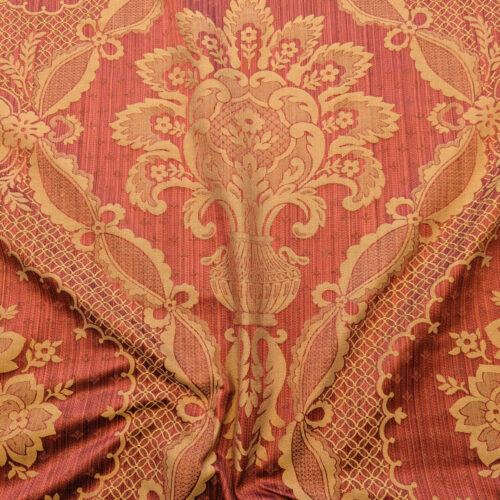 PXL_20240522_202017175 Scalamandre Bosfo Damask Red/ Gold Cotton Strie Damask Rose Greek Urn Medallion MSRP USD 284/y